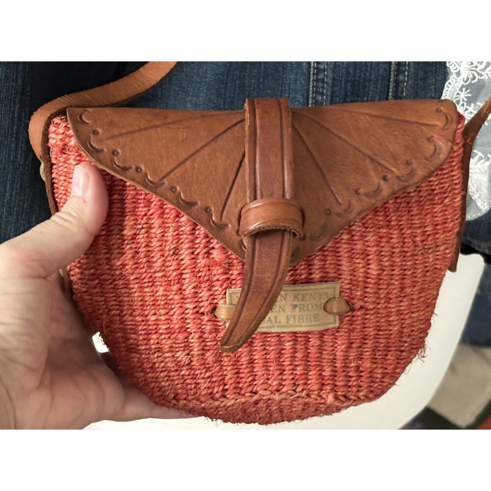 Vtg Sisal Market Bag Jute Art African Woven Raffia Basket Leather Crossbody